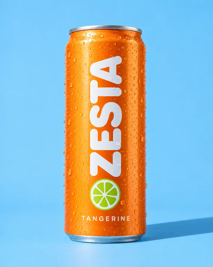 A tangerine ZESTA can on a sky-blue backdrop