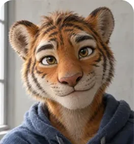 A tiger mascot in a blue hoodie