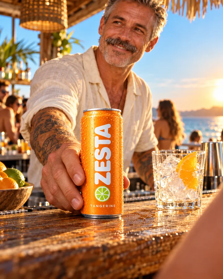A bartender slides a ZESTA Tangerine can across a beach bar counter at sunset