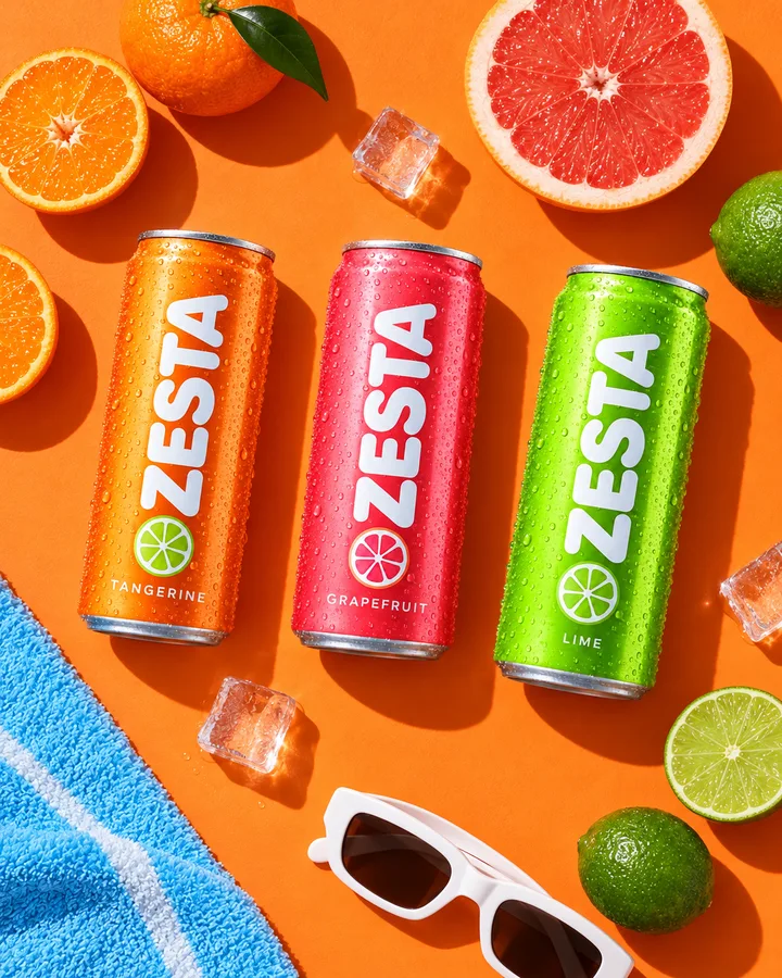 Three ZESTA cans with citrus and sunglasses on orange