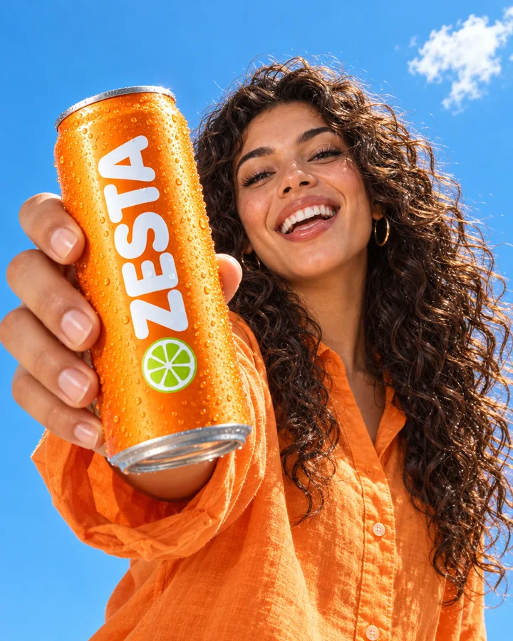 A woman laughing and holding a tangerine can toward the camera