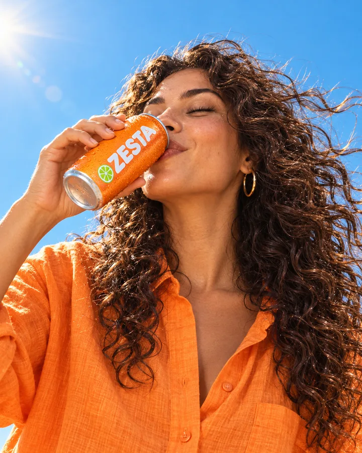 A woman drinking from an orange can against a blue sky