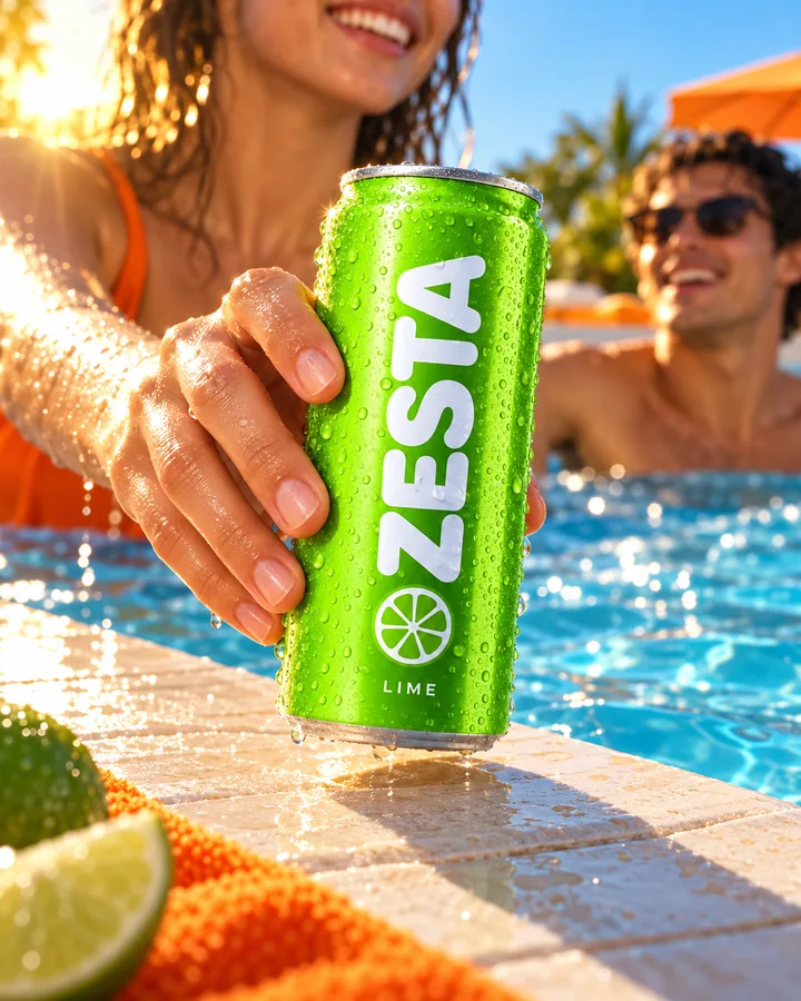 A hand lifts a ZESTA Lime can from a pool edge at golden hour