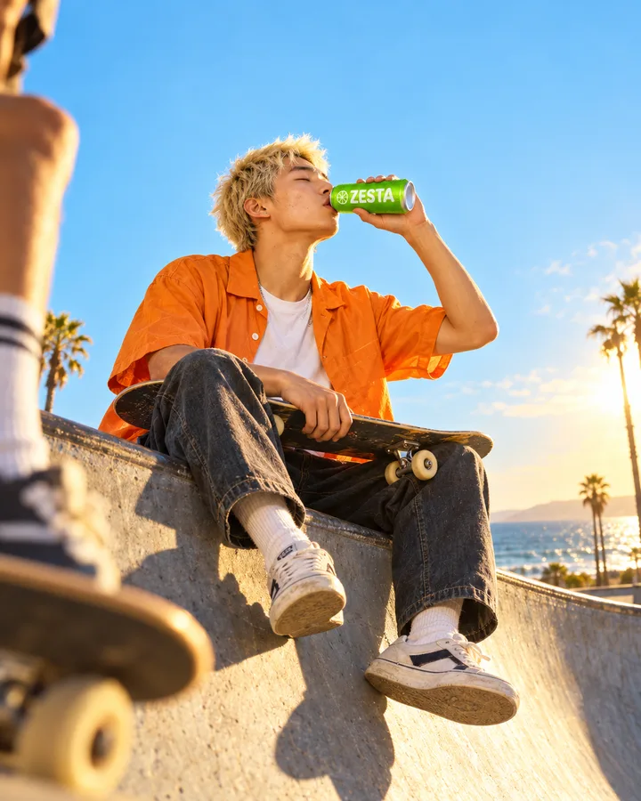 A skater drinking from a lime can at golden hour