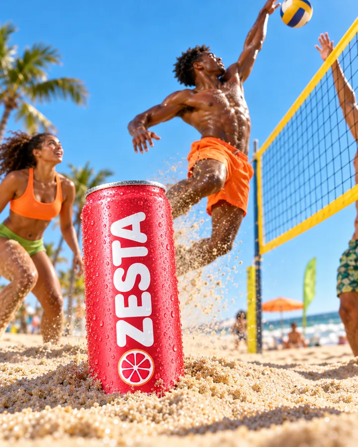 A grapefruit can in the sand in front of a beach volleyball game