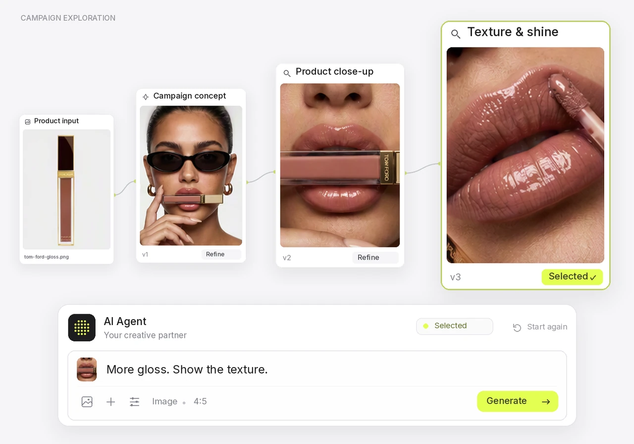 Illustrative Tom Ford workflow: reviewing a product image and refining the result