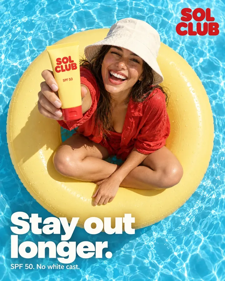 SOL CLUB ad: a woman on a pool float holding sunscreen