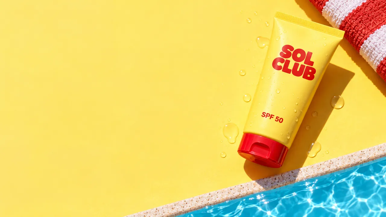 A wide banner: a SOL CLUB sunscreen tube on butter yellow by a pool, empty space on the left