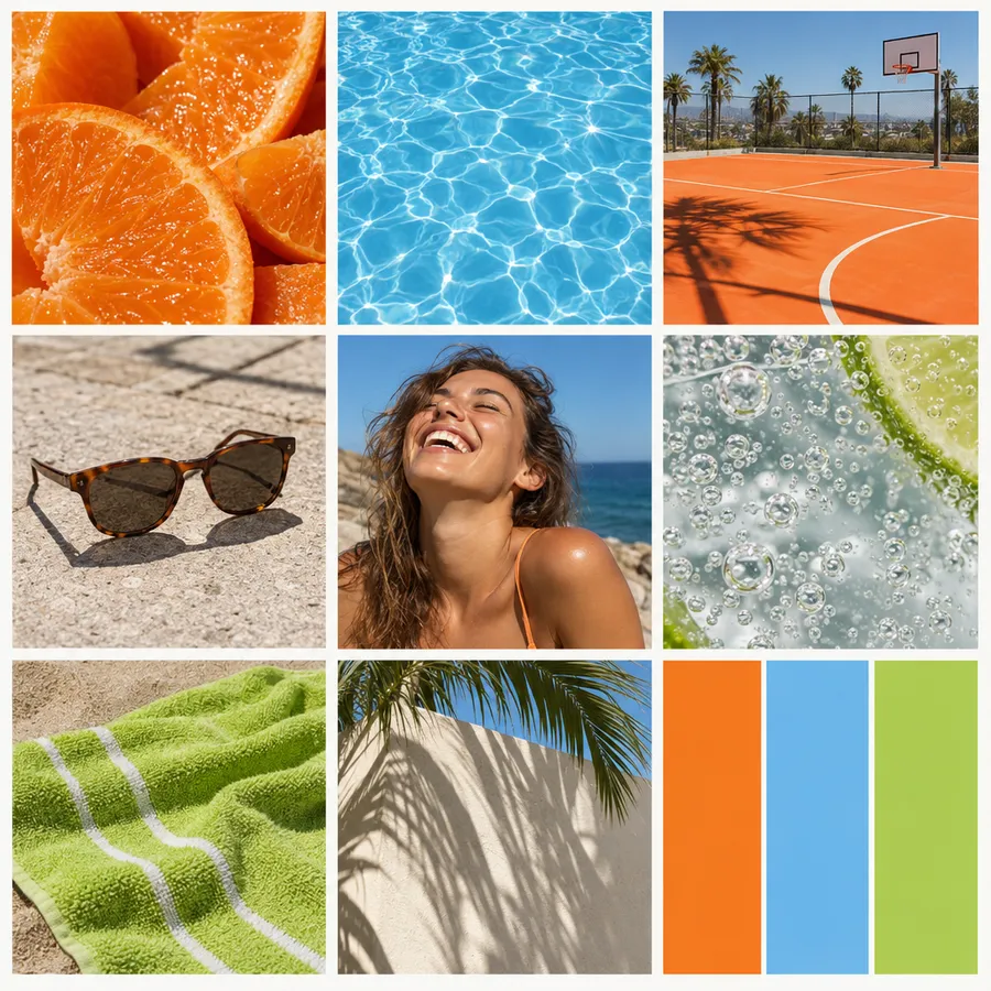 A nine-picture moodboard in tangerine, sky blue and lime