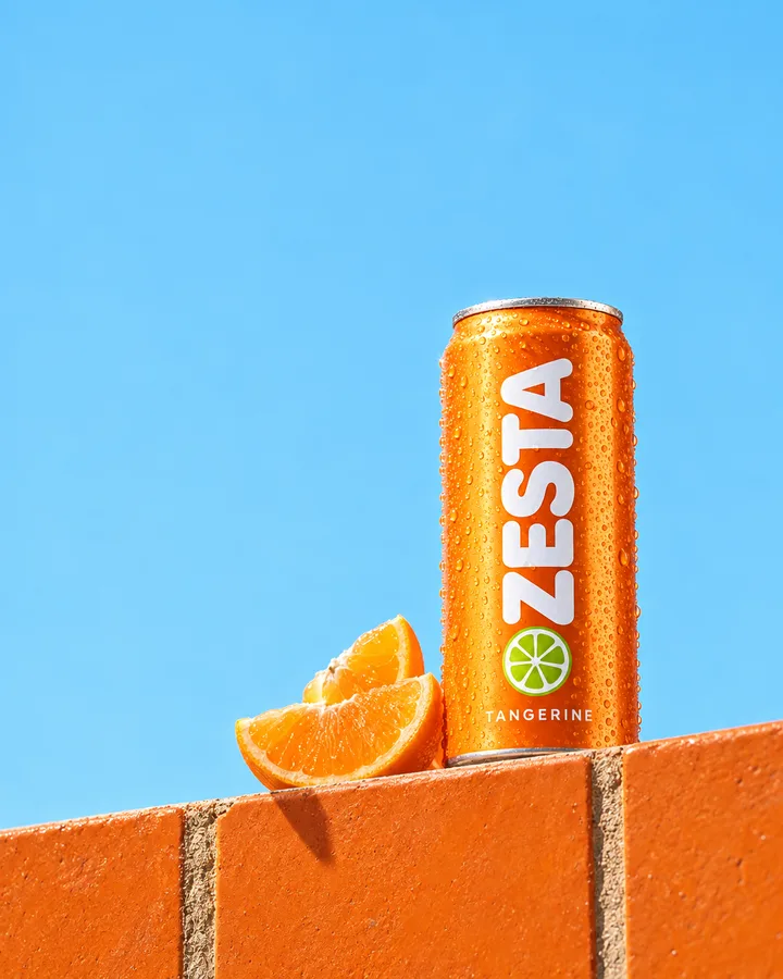 A ZESTA can on an orange rooftop wall with empty blue sky above