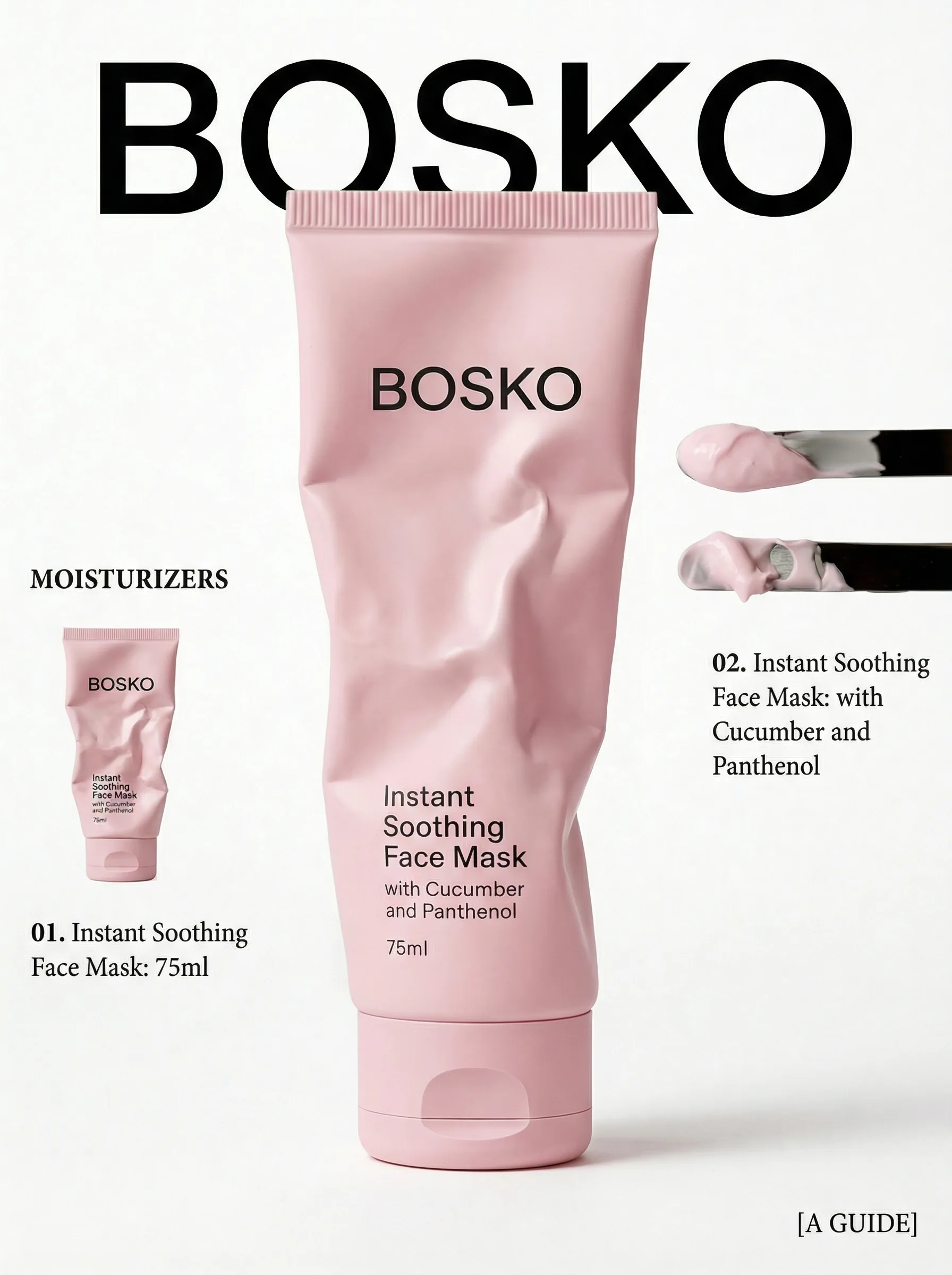 Bosko Instant Soothing Face Mask product guide with a close-up of its texture