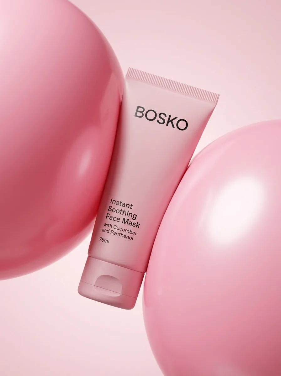 Bosko Instant Soothing Face Mask tube nestled between pink balloons
