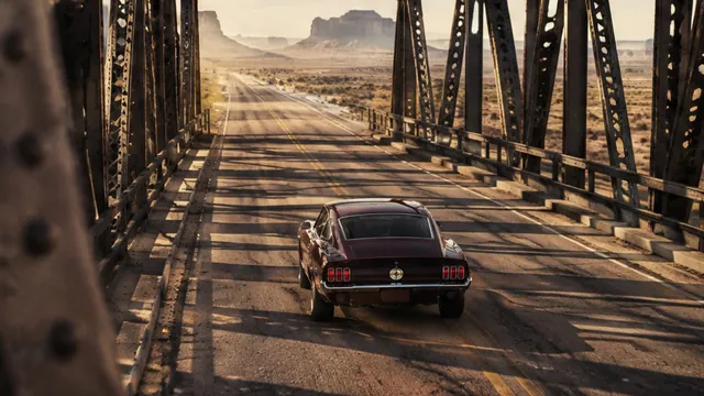 Storyboard frame 4: a vintage muscle car on a desert bridge